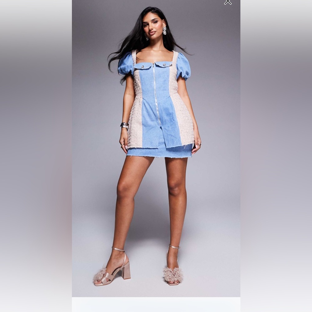 ASOS Blue and Cream Puff Sleeve Mini Dress